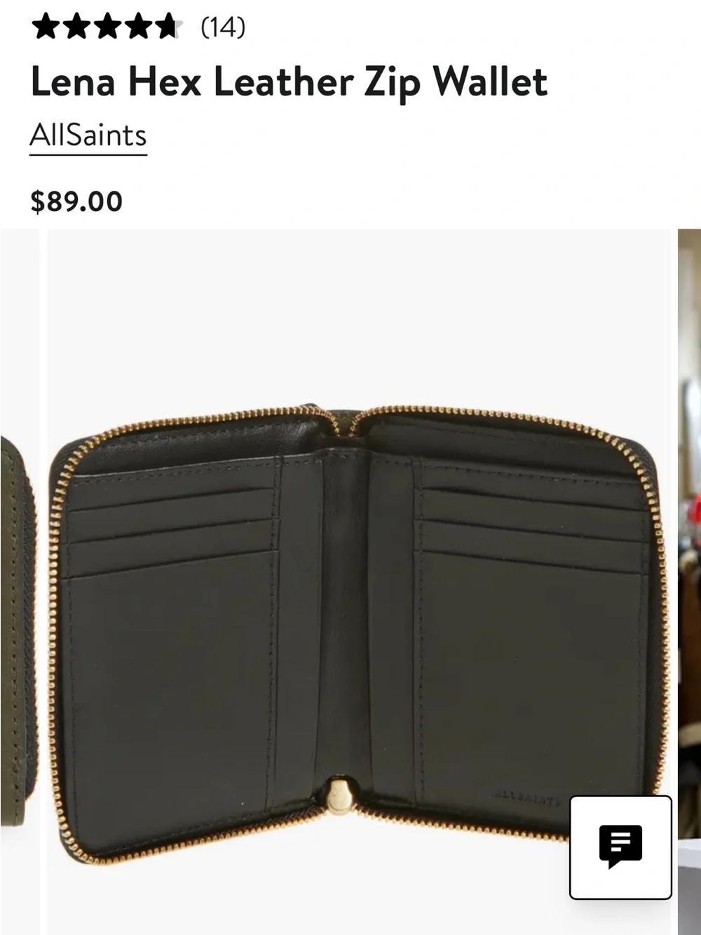AllSaints Black Leather Zip Wallet with Gold Hardware